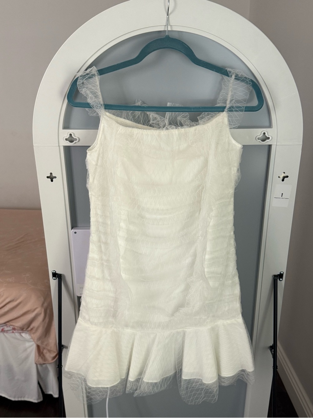 White Tulle Ruffle Mini Dress | Size M | Sheer Mesh Drop Waist